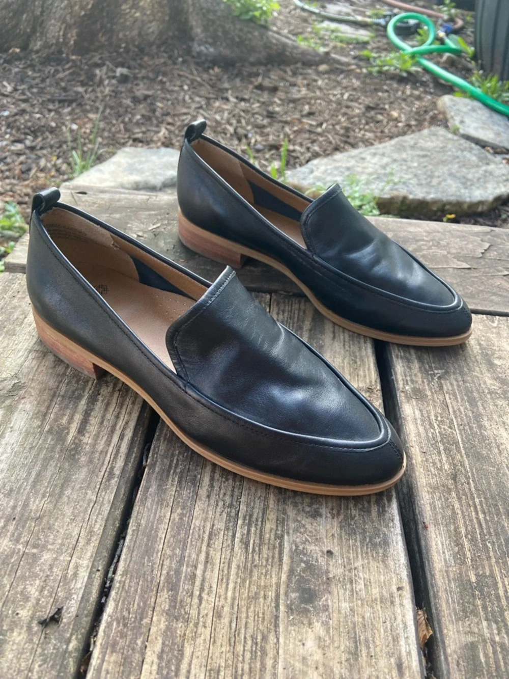 Susina Black Leather Slip-On Loafers with Tan Sole